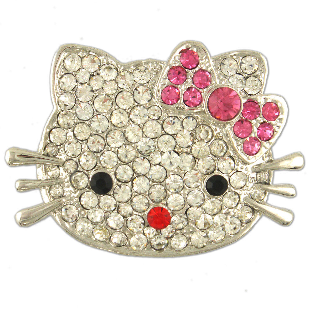 PB2444-1 | Rhodium Plated Crystal Kitty Cat with Pink Bow Brooch/Pin