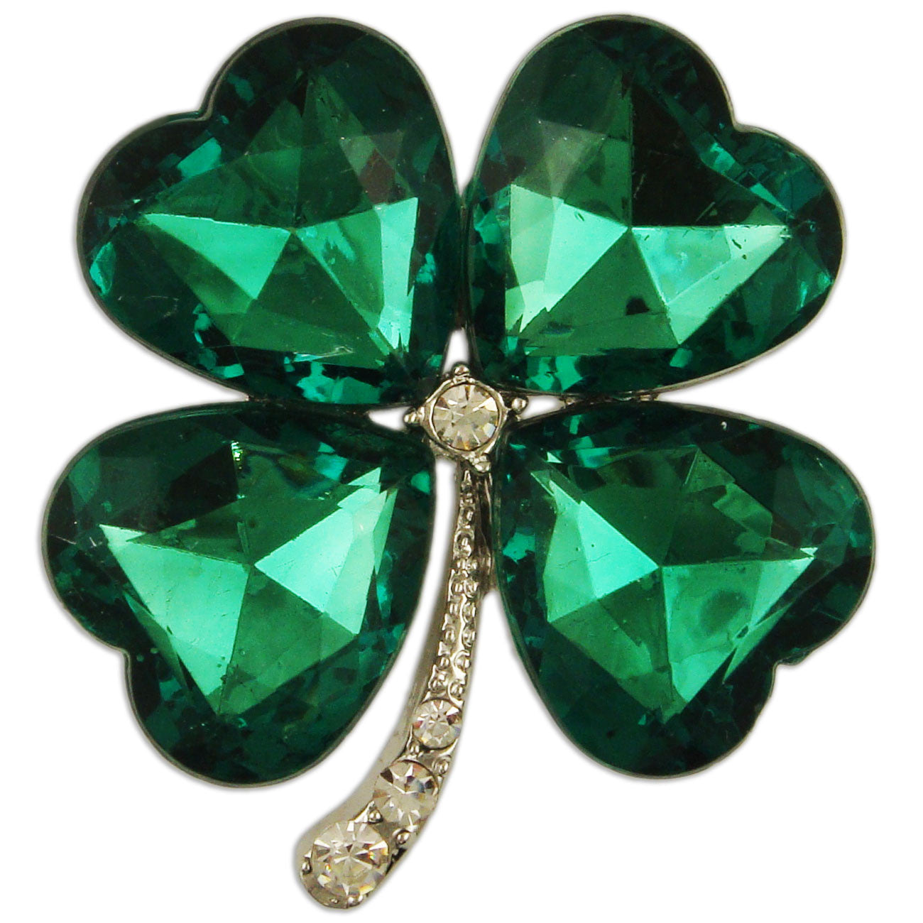 BB24434 | Austrian Crystal Green Four Leaf Clover Irish Lucky St. Patrick's Day Brooch Pendant Pin, Rhodium or Gold Plated
