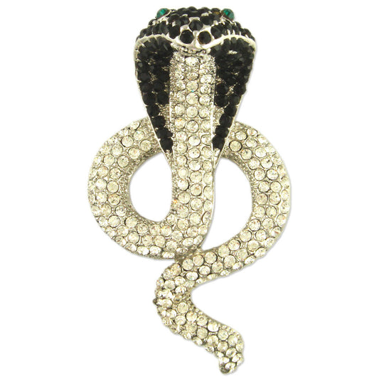 GB2522 | Rhodium Plated Clear & Black Austrian Crystals Cobra Snake Reptile Fashion Brooch Pin