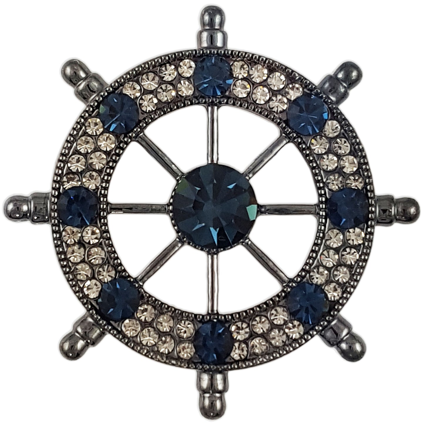 TB016 | Austrian Crystal Men's Modern Boat Ship’s Wheel Suit Brooch Pin Jacket Accessories – White or Blue