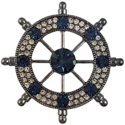 TB016 | Austrian Crystal Men's Modern Boat Ship’s Wheel Suit Brooch Pin Jacket Accessories – White or Blue