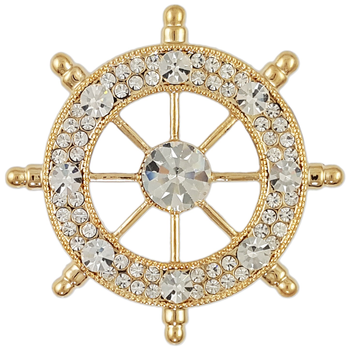 TB016 | Austrian Crystal Men's Modern Boat Ship’s Wheel Suit Brooch Pin Jacket Accessories – White or Blue
