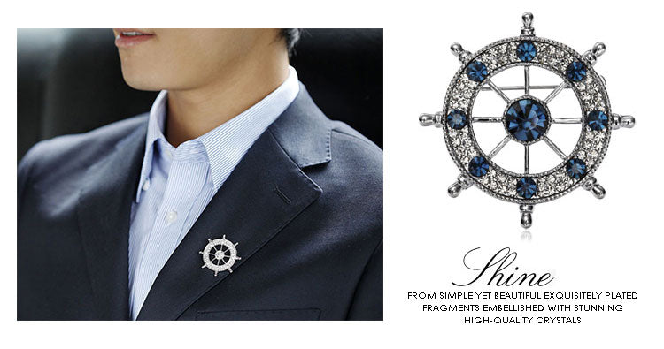 TB016 | Austrian Crystal Men's Modern Boat Ship’s Wheel Suit Brooch Pin Jacket Accessories – White or Blue