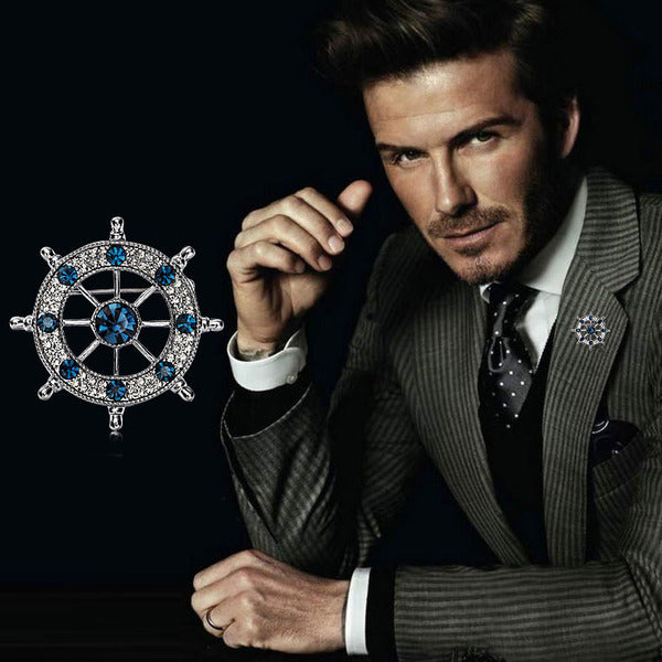 TB016 | Austrian Crystal Men's Modern Boat Ship’s Wheel Suit Brooch Pin Jacket Accessories – White or Blue