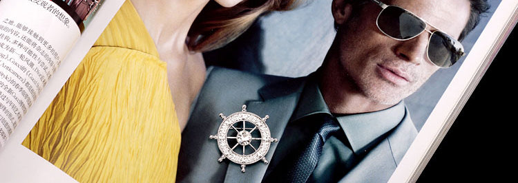 TB016 | Austrian Crystal Men's Modern Boat Ship’s Wheel Suit Brooch Pin Jacket Accessories – White or Blue