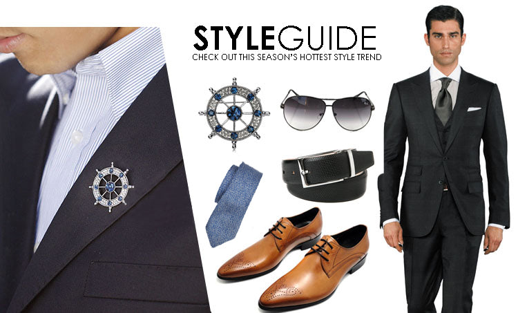 TB016 | Austrian Crystal Men's Modern Boat Ship’s Wheel Suit Brooch Pin Jacket Accessories – White or Blue