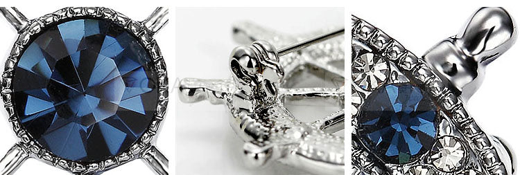 TB016 | Austrian Crystal Men's Modern Boat Ship’s Wheel Suit Brooch Pin Jacket Accessories – White or Blue