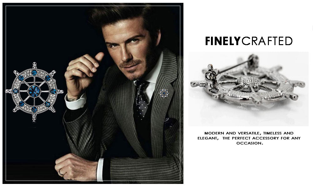 TB016 | Austrian Crystal Men's Modern Boat Ship’s Wheel Suit Brooch Pin Jacket Accessories – White or Blue